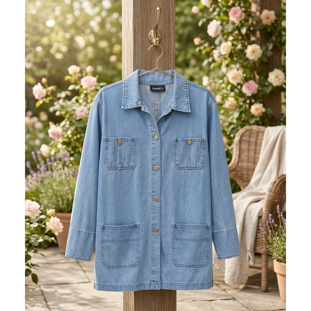 Denim & Co 100% Cotton 4-Pocket Utility Chore Barn Jacket Shacket L Blue Wash